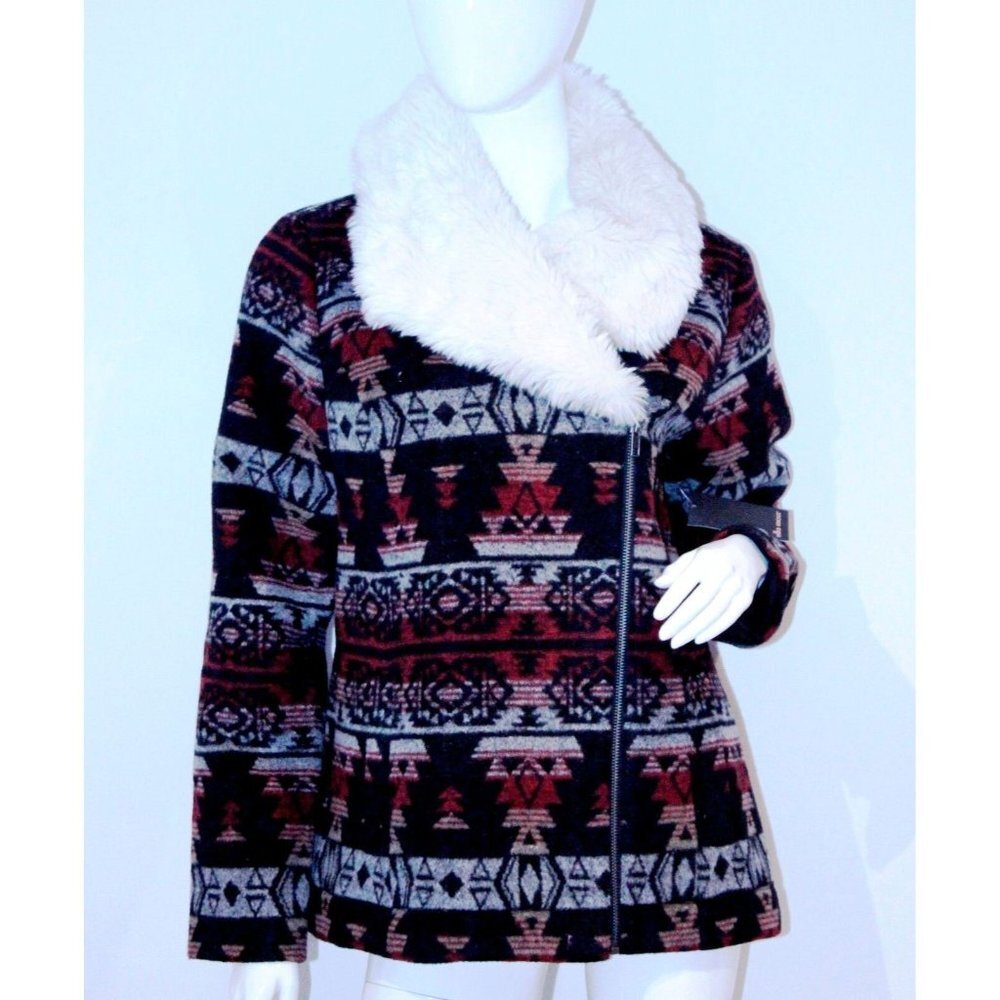 ELLA MOSS TRIBAL PRINT FAUX FUR COLLAR ZIP WINTER JACKET COAT BLACK RED M
